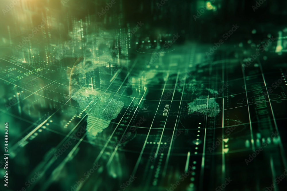 Poster international banking and currency exchange are demonstrated through an abstract digital network of 