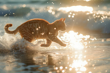 cat with a tail is fluidly running through the water on the beach