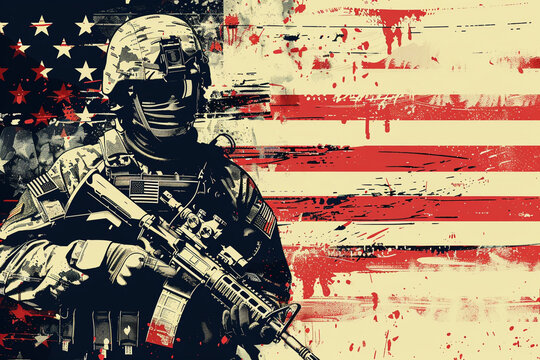 Combine elements of illustration and digital art to showcase a backdrop of the American flag with a soldiers uniform featuring a personalized name tag as the focal point of the artwork
