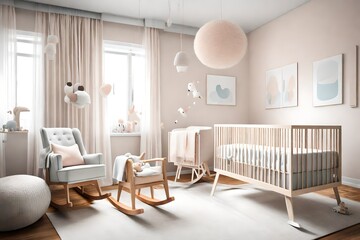 A modern, minimalist nursery with a crib, a rocking chair, and soft, pastel colors
