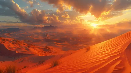 Runde Wanddeko Backstein A sprawling desert landscape with towering sand dunes stretching as far as the eye can see, bathed in the golden light of the setting sun