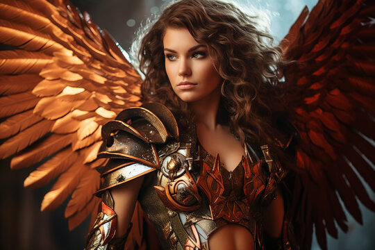 Digital generative ai collage of powerful lady in angel costume for fan festival