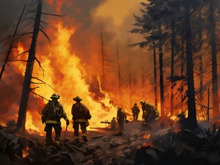 Courageous firefighters fighting forest fire to preserve nature