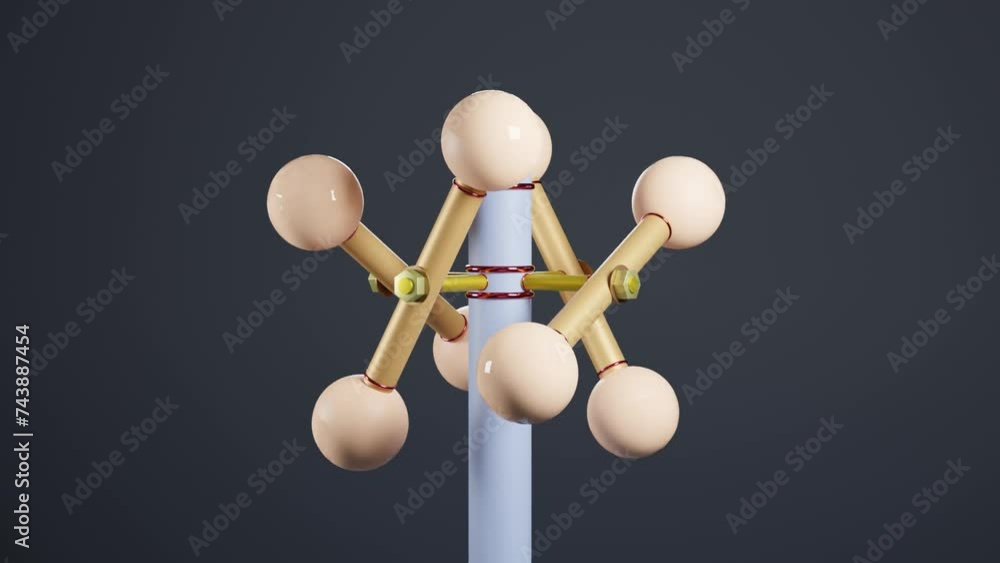 Poster dynamic geometric spinning: abstract 3d animation of rotating column with bars and spheres