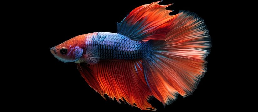 A vibrant red and blue betta fish with spread tail feathers stands out against a black background.