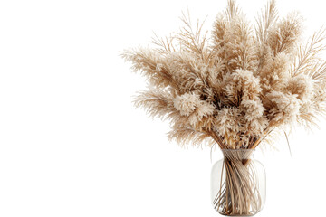 A Vase Filled With Dry Grass. A clear glass vase filled with dried grass stands. The dried grass is neatly arranged within the vase. © Masood