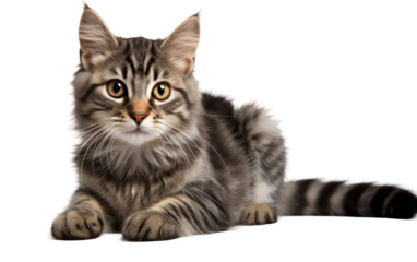 Small Gray Kitten Sitting on Top of White Floor. A small gray kitten is calmly sitting on top of a white floor, looking curiously around its surroundings.