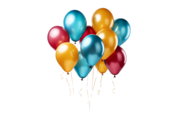 Group of Colorful Balloons Floating in the Air. A cluster of vibrant balloons soaring into the sky, carried by the wind. The balloons vary in color and size, creating a lively.