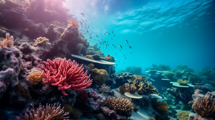 Naklejka na ściany i meble Vibrant coral reef teeming with marine life underwater