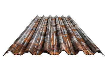 Rusty Metal Roofing Sheet. A metal roofing sheet covered in rust paint, showing signs of weathering and corrosion. - obrazy, fototapety, plakaty