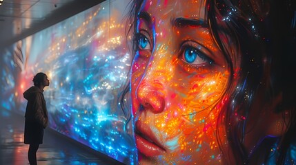 A street artist using a digital spray can to create vibrant and dynamic graffiti on a virtual...