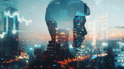 Double explosure with businesss charts and financial district of megapolis city, Double exposure of businessman cityscape and financial graph on blurred building background, - obrazy, fototapety, plakaty