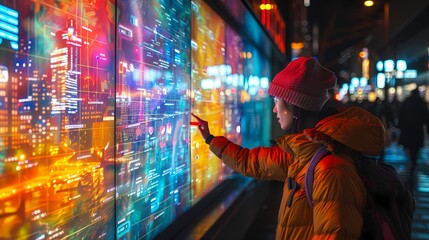 A street artist using a digital graffiti wall, equipped with touch-sensitive screens and various...