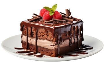 Chocolate Cake on White Plate. A piece of chocolate cake sits on a pristine white plate. The rich, decadent cake is topped with a glossy chocolate ganache, inviting a delicious indulgence.