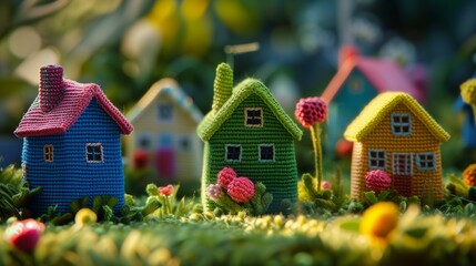 AI generative images Colorful knitted houses made of the plastic recycled knit and yarn