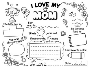 I love my Mom. Personalized greetings for Mother's Day or International Women's Day. Kids printable cards.