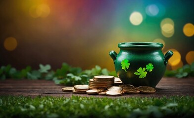 Green happy St. Patrick's Day sign background with a leprechaun green shamrock hat full of gold coins and clover symbol. Generative AI