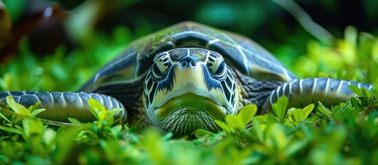 An adorable upside-down green turtle blissfully napping on lush grass.