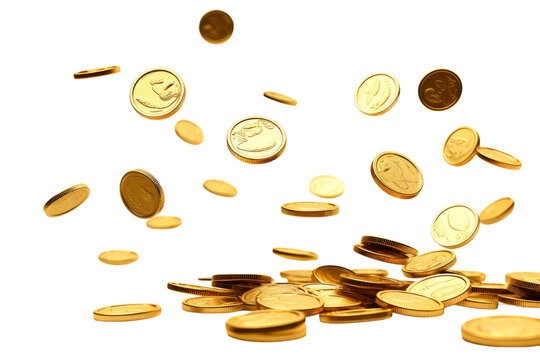Coins Falling Into the Air. A pile of coins can be seen in mid air as they fall downwards. The coins are in motion, creating a dynamic and chaotic scene. On PNG Transparent Clear Background.