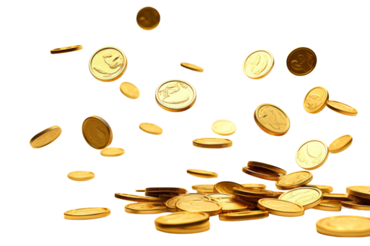 Coins Falling Into the Air. A pile of coins can be seen in mid air as they fall downwards. The coins are in motion, creating a dynamic and chaotic scene. On PNG Transparent Clear Background. - Powered by Adobe
