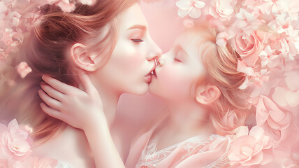 Women kiss women on pink background for International Kissing Day