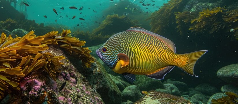 New Zealand trigger fish swimming near kelp and rocks.