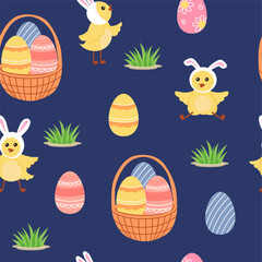 Easter beautiful seamless background. Easter basket with eggs and cute cartoon chicks on dark blue background.