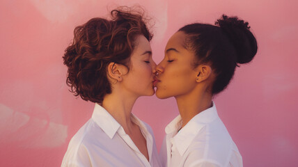 Women kiss women on pink background for International Kissing Day
