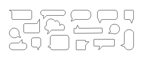 Collection of pixel dialogue boxes for game, app, notes, sticker. Retro empty chat cloud, white rectangle speech bubble illustration. Vector - obrazy, fototapety, plakaty