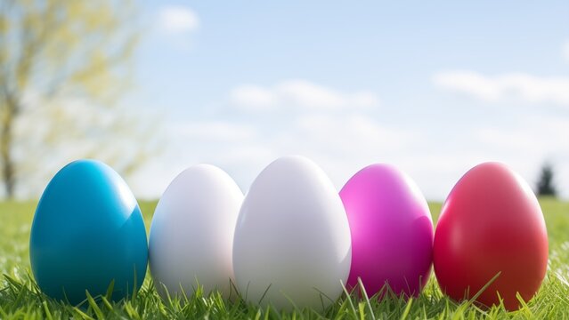 Colorful easter eggs on green grass with copy space for text