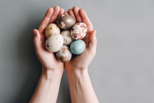 Female hands holding painted easter eggs, top view. Gray background