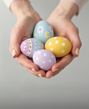 Female hands holding painted easter eggs, top view. Gray background