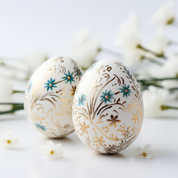 Easter eggs and white flowers on a white background. Happy Easter.