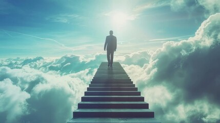 A businessman ascending a symbolic stairway of success each step representing a key business concept
