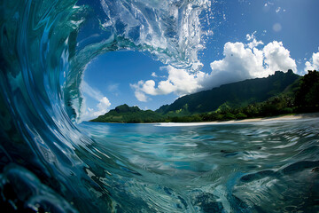 an area with a blue sky in front of it with a wave in