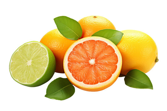 Group of Oranges and Limes With Leaves. A cluster of fresh oranges and limes displayed alongside vibrant green leaves.