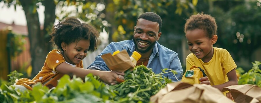 A charming image of a family enjoying their time together while composting recycling and packing donation bags
