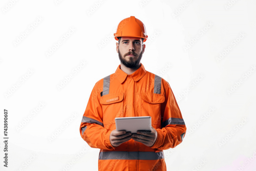 Wall mural Smart young engineer building or constructor worker with safety uniform, vest and safety hat isolated on white background, planning project.