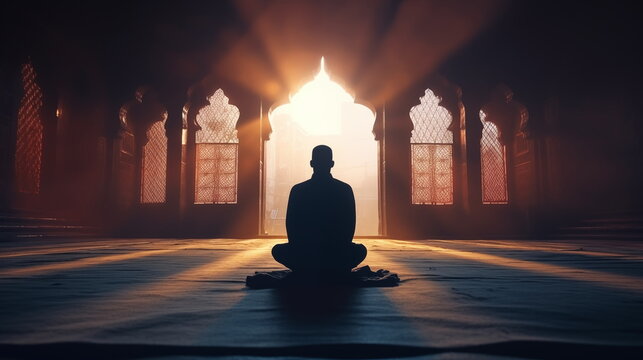 Muslim man sitting in islamic temple, praying, sun beams shining, Ramadan concept