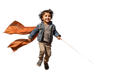 Young Boy Flying Kite in the Air. A young boy is joyfully flying a colorful kite in the sky on a sunny day. The kite soars high above as the boy runs and directs it with a string.