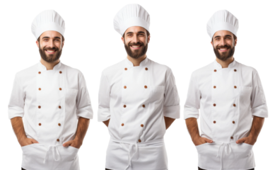 Chef in Three Poses. A man dressed in a chefs outfit is shown in three different poses, showcasing his culinary skills and expertise. In the first pose, he is stirring a pot, in the second pose.