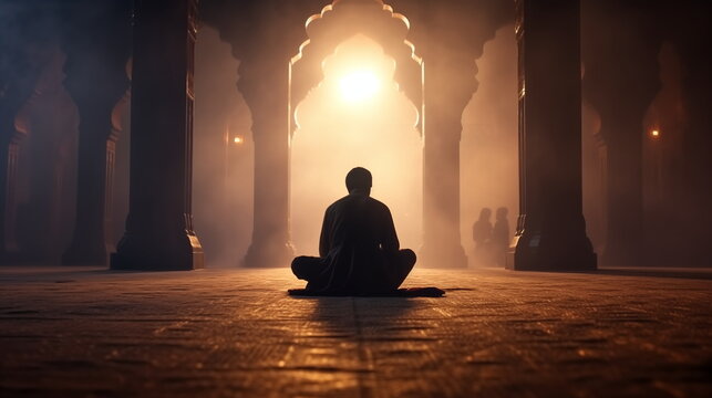 Muslim man sitting in islamic temple, praying, sun beams shining, Ramadan concept