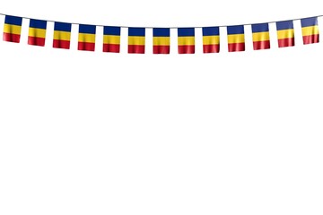 pretty many Romania flags or banners hanging on rope isolated on white - any feast flag 3d illustration..