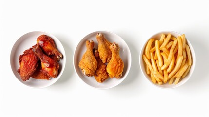 Fried chicken and French fries isolated on white background. Top view