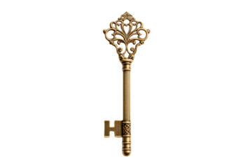 Elegant Golden Key. The keys intricate design and rich color contrast beautifully with the simplicity of the background. On PNG Transparent Clear Background.