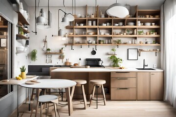 A compact, efficient kitchenette with open shelving, a small dining table, and pendant lighting