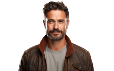 Man With Goatee and Leather Jacket. A man with a goatee wearing a leather jacket is standing confidently. The goatee is well maintained and the leather jacket adds a rugged look to his style.