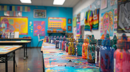 Mat&eacute;riel d'arts plastiques dans une classe d'&eacute;cole primaire, pinceaux, pots de peinture et dessin