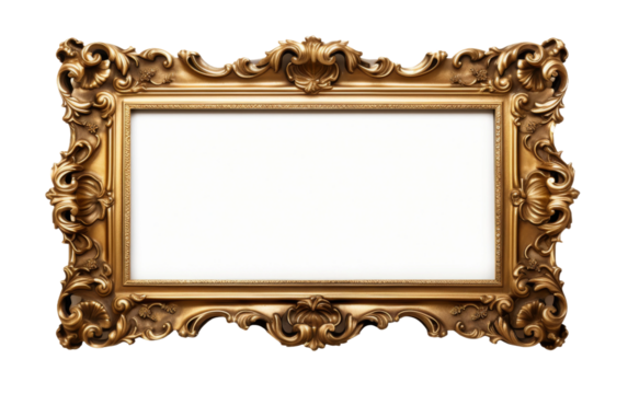 Ornate Gold Frame. A detailed and intricate gold frame stands. The frame is elaborately decorated with intricate designs and patterns. On PNG Transparent Clear Background.
