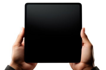 Person Holding a Black Tablet. A person is shown holding a black tablet in their hands, the devices screen illuminated. The individuals hands are visible, grasping the edges of the tablet.